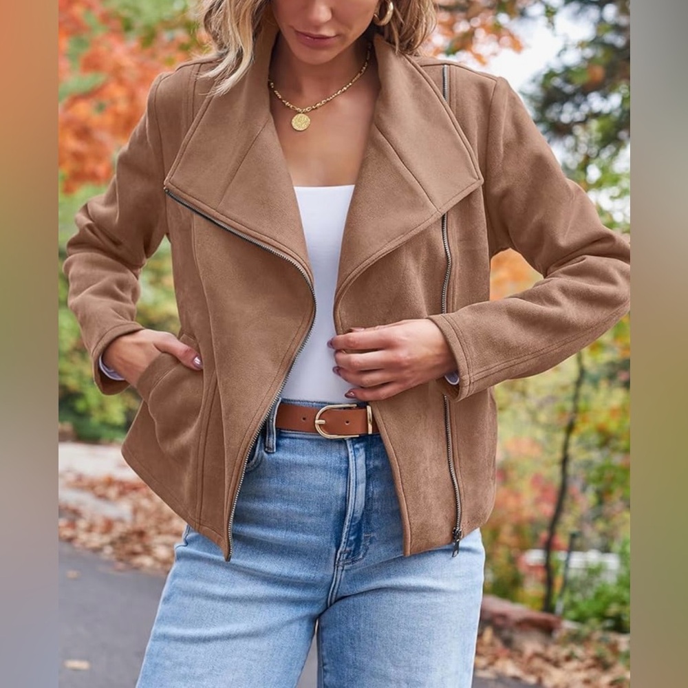NWT AUTOMET Brown Faux Suede Moto Jacket | Size M | Asymmetrical Zip - Picture 2 of 11